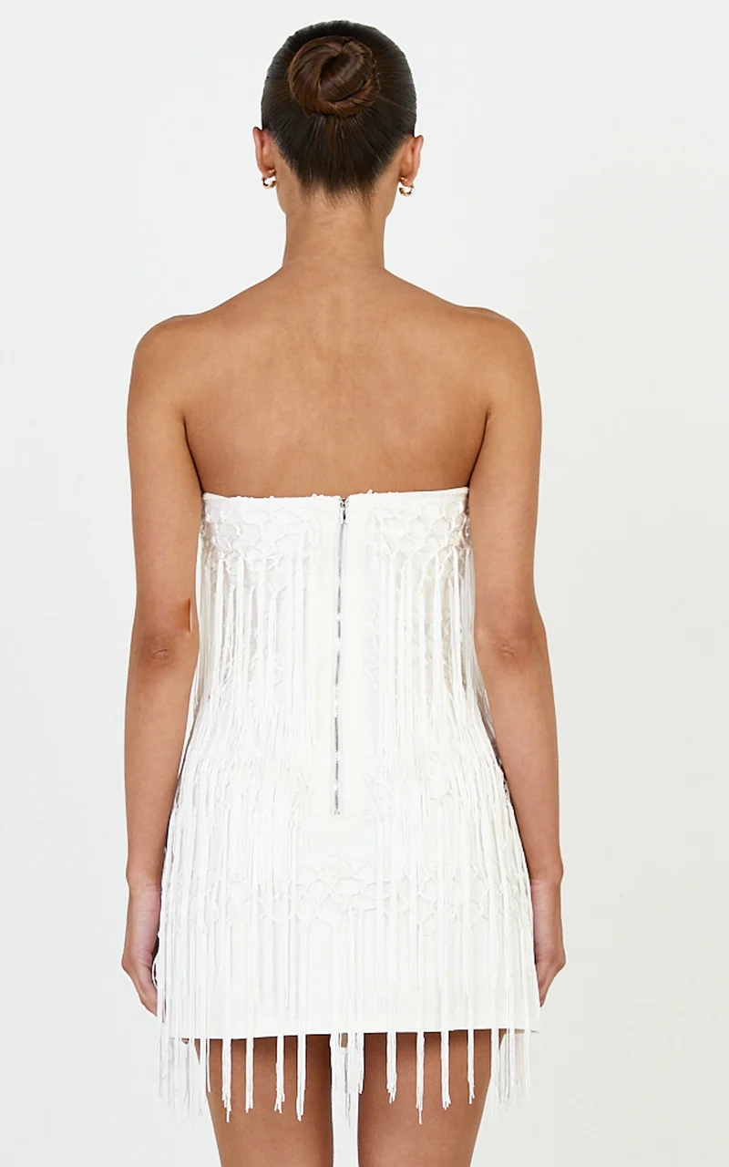 Kyle Mini Dress - Strapless Tassel Bodycon Dress in White