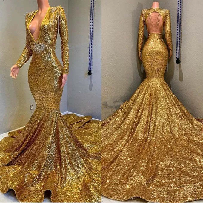 Robe de bal sirène à manches longues et col en V, luxueuse et dorée, avec paillettes et détails appliqués