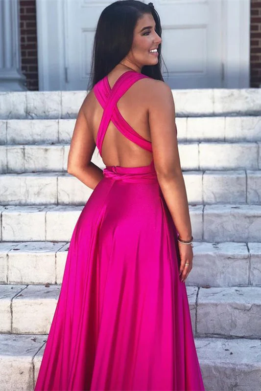 Robe de bal fuchsia sans manches, col en V, coupe trapèze, fendue, élégante et longue