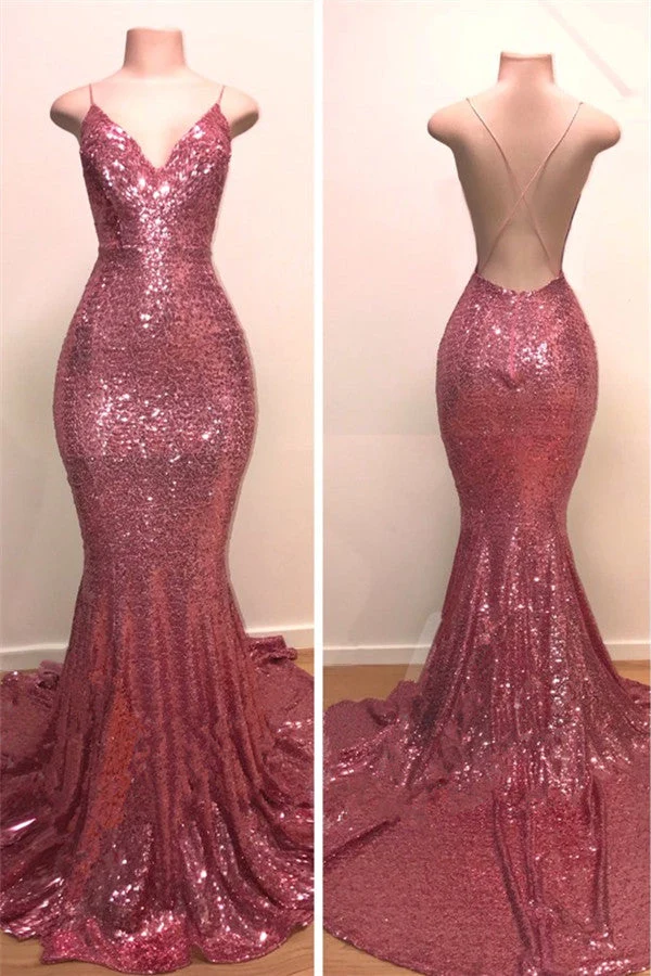 Robe de soirée sirène élégante à paillettes et col en V : éblouissante, flatteuse, parfaite pour un bal de promo