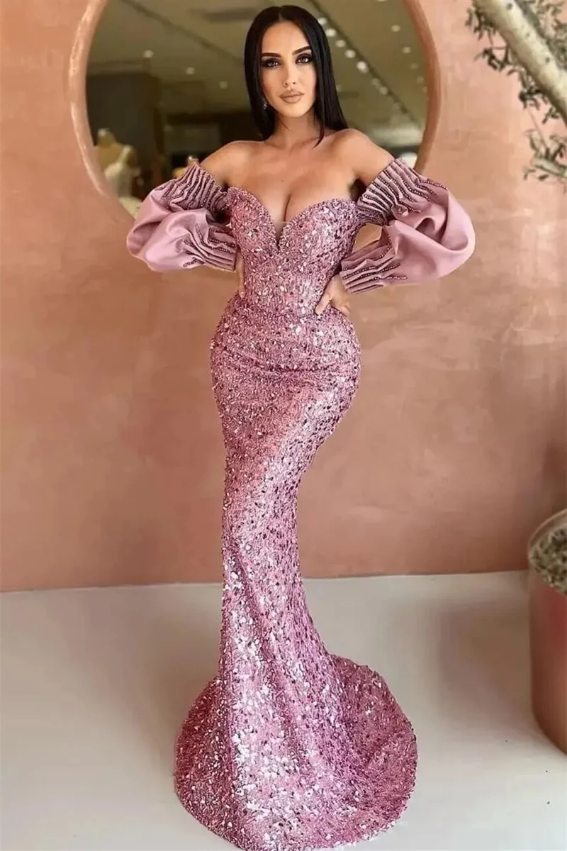 Robe de soirée élégante à épaules dénudées et manches longues, style sirène, à sequins et décolleté en cœur