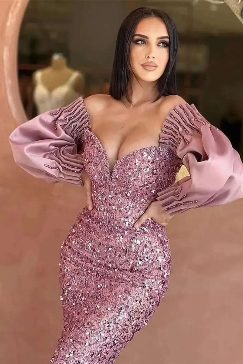 Robe de soirée élégante à épaules dénudées et manches longues, style sirène, à sequins et décolleté en cœur