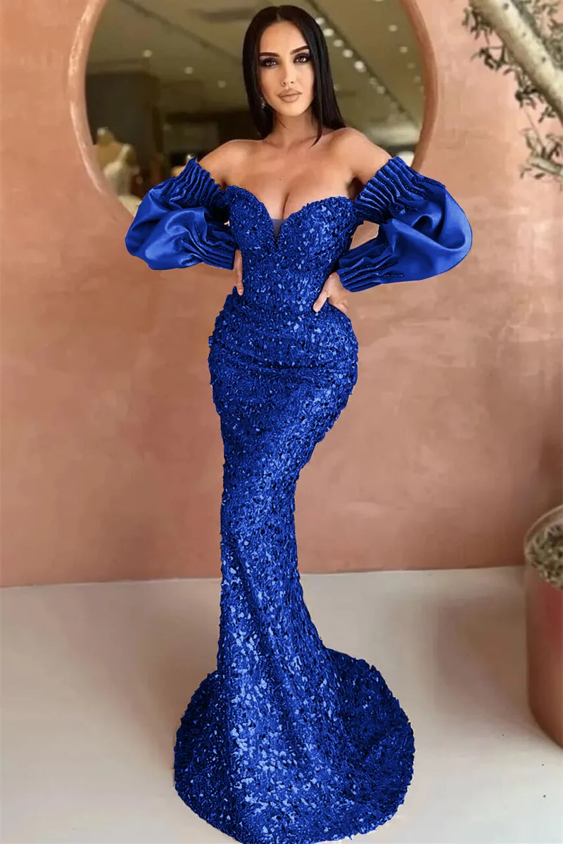 Robe de soirée élégante à épaules dénudées et manches longues, style sirène, à sequins et décolleté en cœur