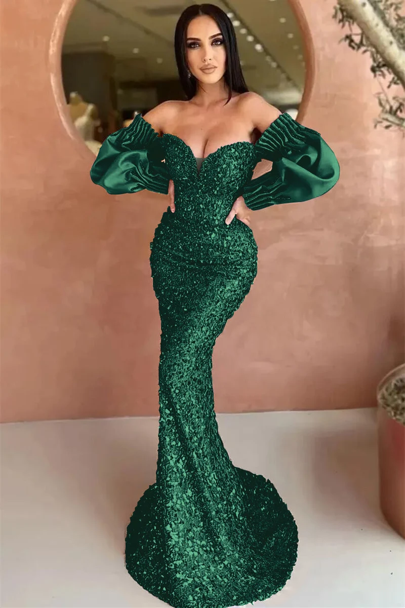 Robe de soirée élégante à épaules dénudées et manches longues, style sirène, à sequins et décolleté en cœur