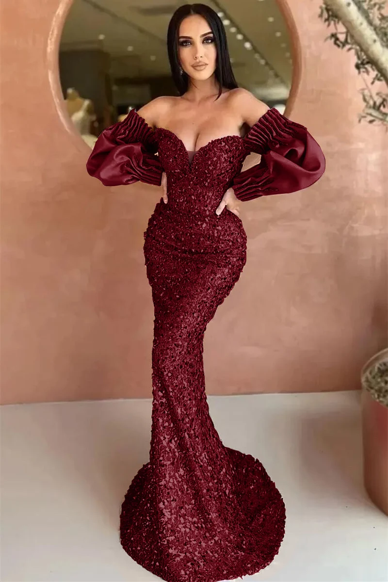 Robe de soirée élégante à épaules dénudées et manches longues, style sirène, à sequins et décolleté en cœur