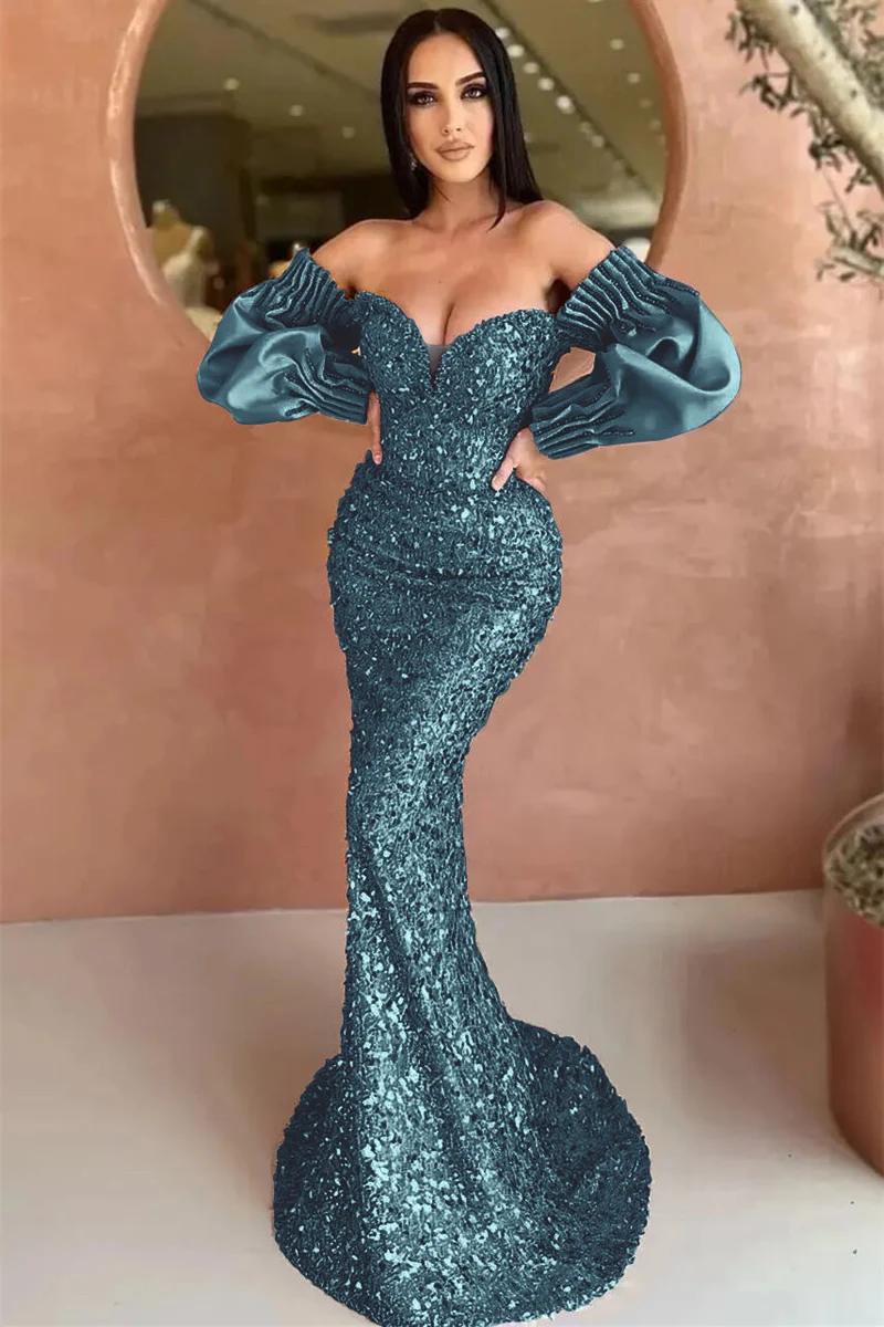 Robe de soirée élégante à épaules dénudées et manches longues, style sirène, à sequins et décolleté en cœur