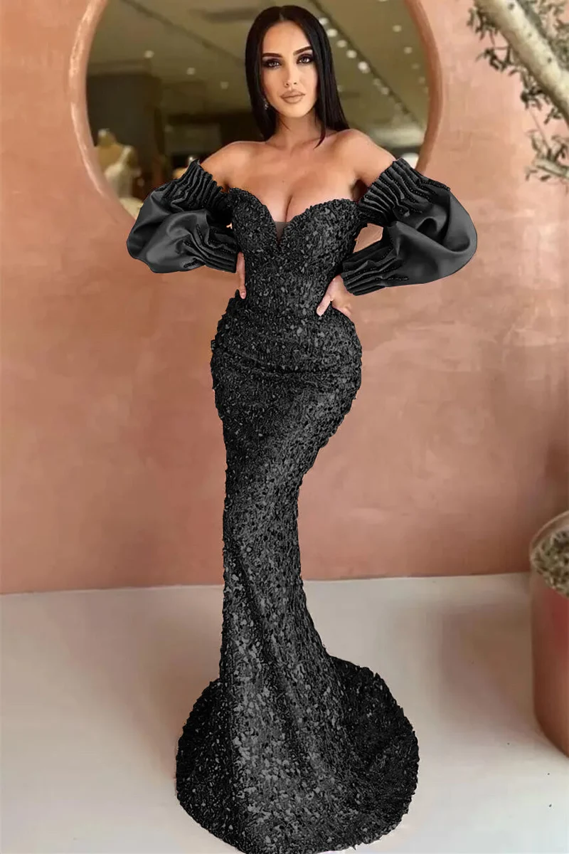 Robe de soirée élégante à épaules dénudées et manches longues, style sirène, à sequins et décolleté en cœur