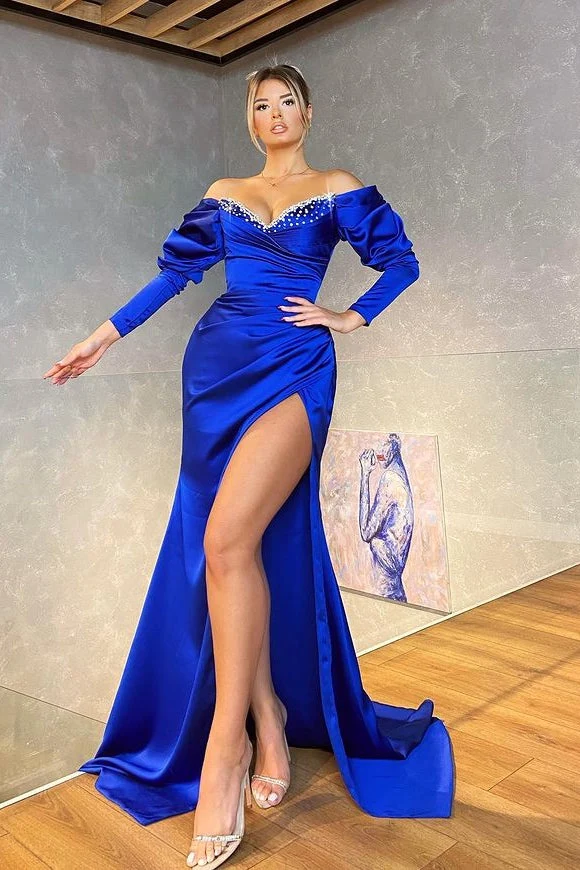 Robe de soirée sirène élégante bleu roi à manches longues avec détails en perles scintillantes