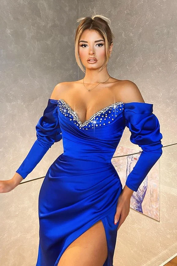 Robe de soirée sirène élégante bleu roi à manches longues avec détails en perles scintillantes