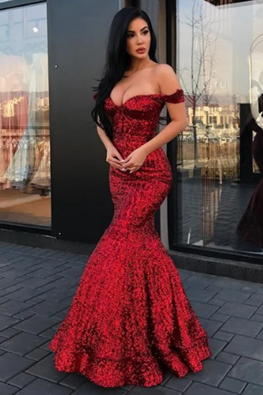 Robe de bal sirène élégante à épaules dénudées et sequins pour femme, scintillante et glamour