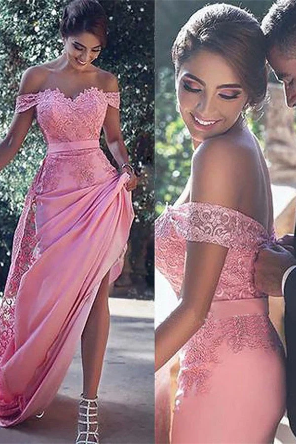 Superbe robe de bal rose bonbon à épaules dénudées, élégante applique en dentelle, jupe trapèze fluide