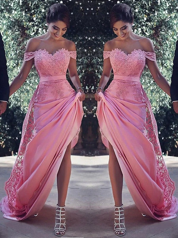 Superbe robe de bal rose bonbon à épaules dénudées, élégante applique en dentelle, jupe trapèze fluide
