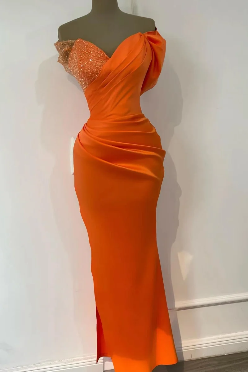 Superbe robe de soirée sirène orange à paillettes et épaules dénudées pour occasions spéciales