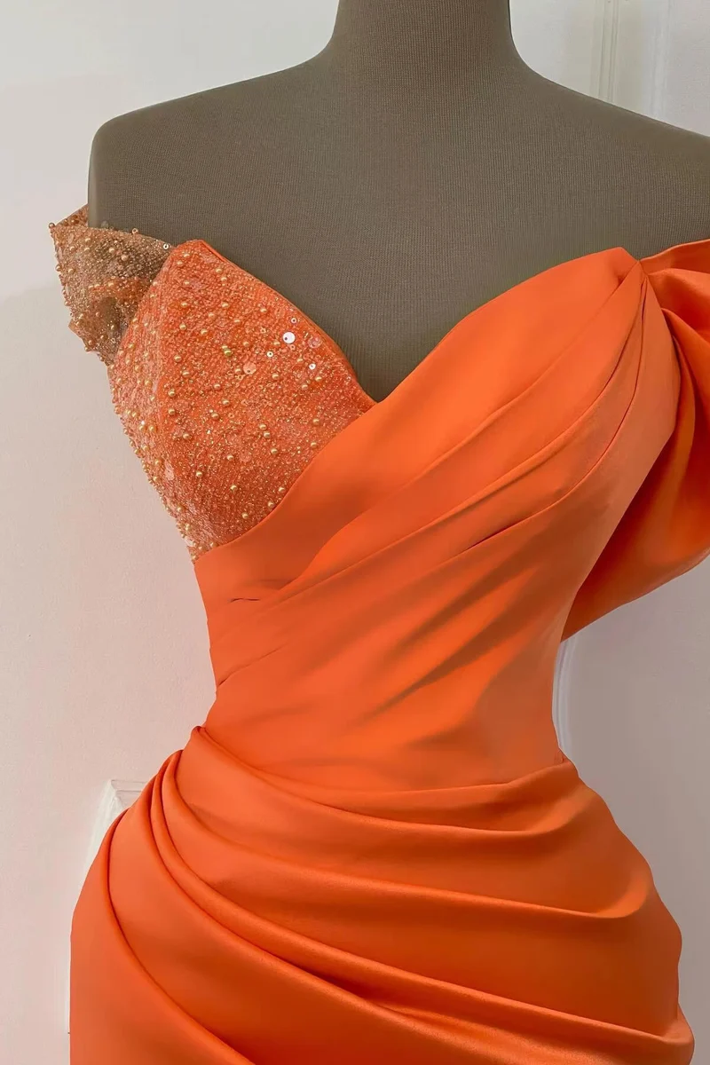 Superbe robe de soirée sirène orange à paillettes et épaules dénudées pour occasions spéciales