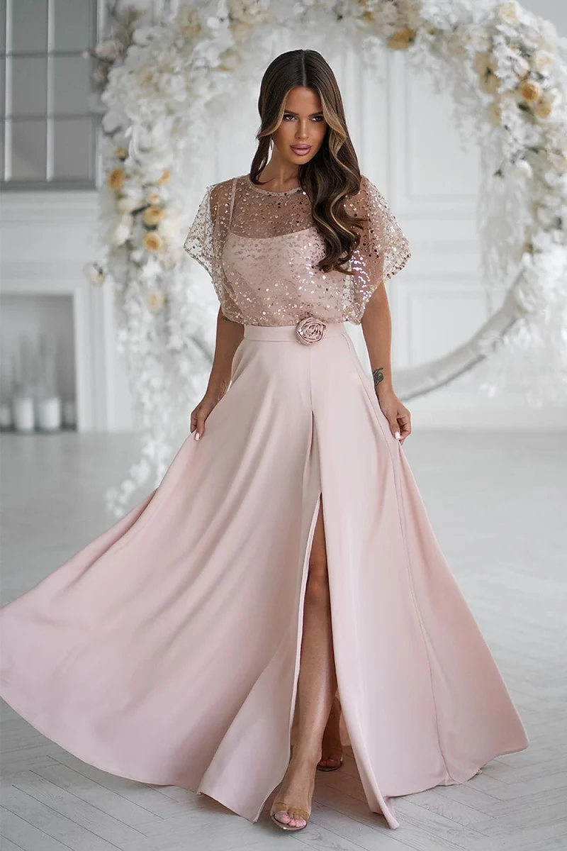 Robe de soirée longue beige chic pailletée