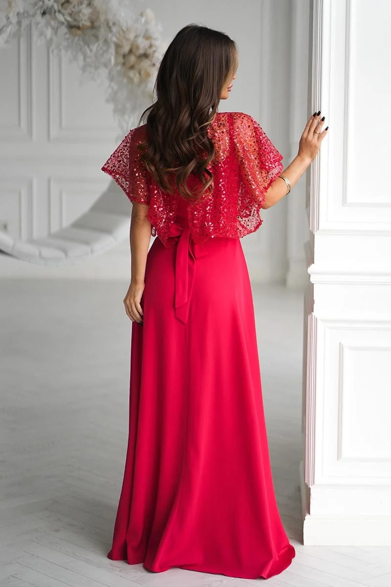 Robe de soirée rouge chic avec boléro à sequins