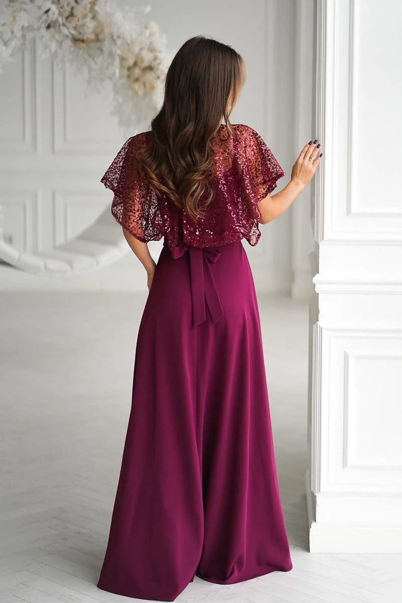 Robe de soirée longue bordeaux avec boléro à sequins