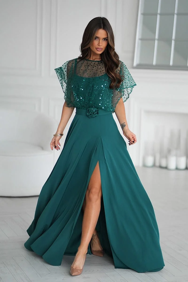 Robe de soirée verte longue avec boléro à sequins