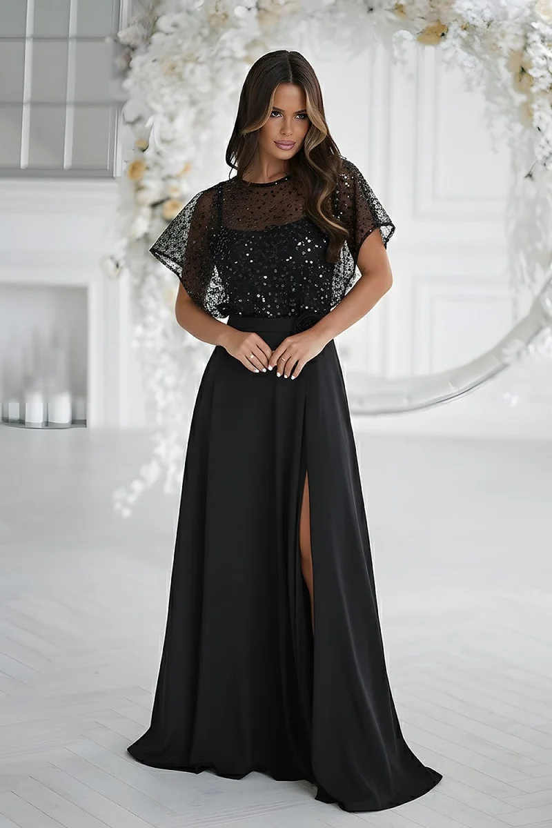 Robe de soirée noire longue avec boléro à sequins