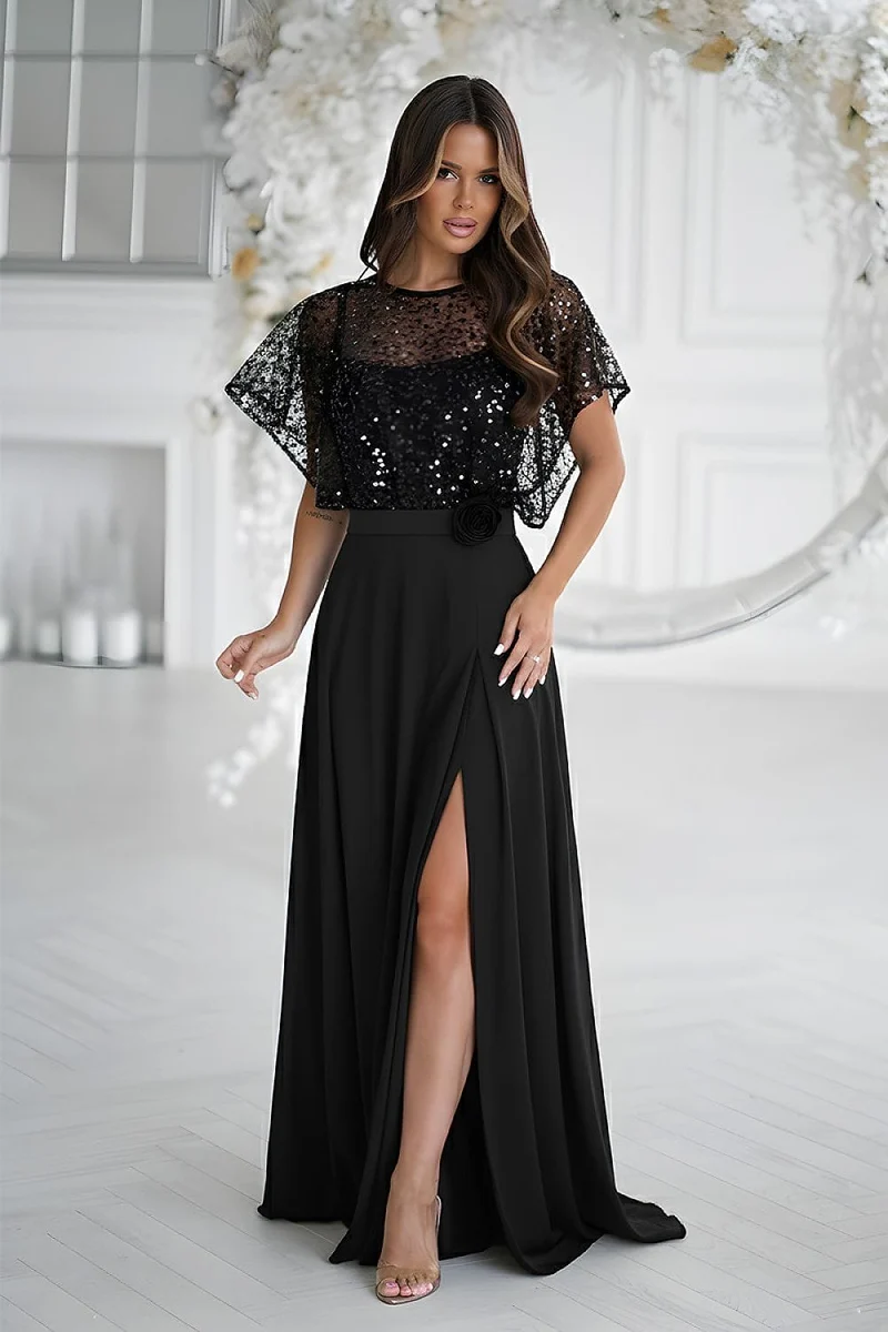 Robe de soirée noire longue avec boléro à sequins
