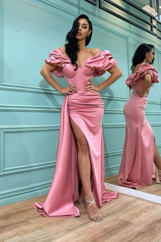 Robe de bal sirène rose élégante à épaules dénudées et fente pour occasions spéciales