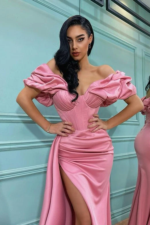 Robe de bal sirène rose élégante à épaules dénudées et fente pour occasions spéciales