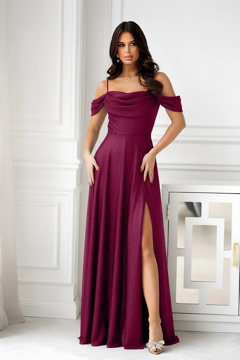 Robe de soirée scintillante longue fendue épaules nues