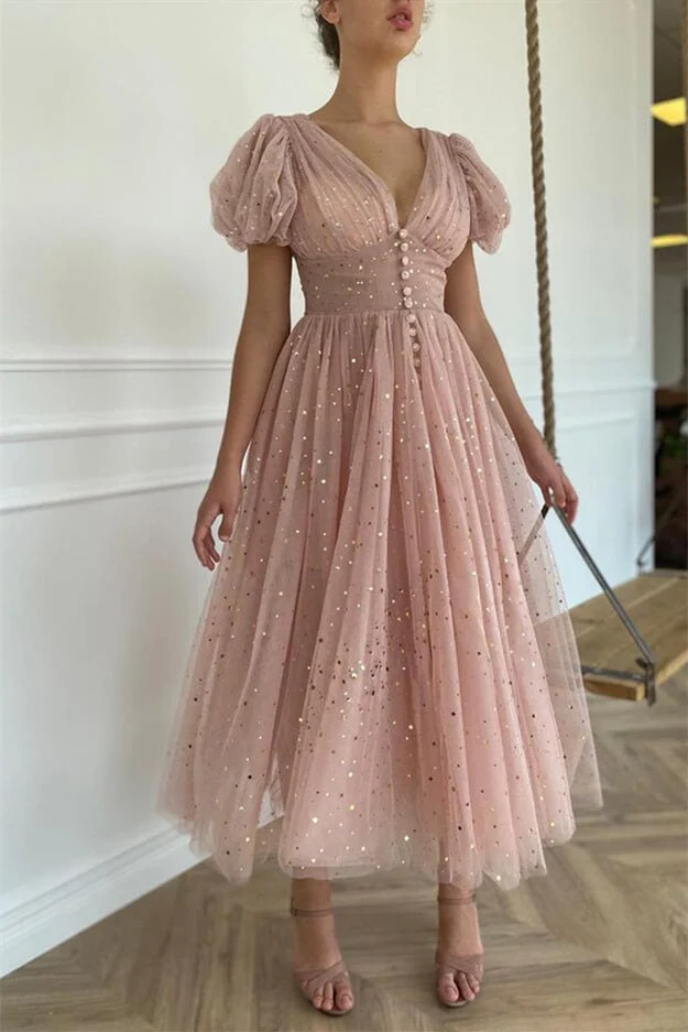 Robe de bal élégante rose taupe à manches courtes et col en V, ornée de paillettes