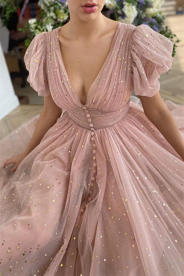 Robe de bal élégante rose taupe à manches courtes et col en V, ornée de paillettes