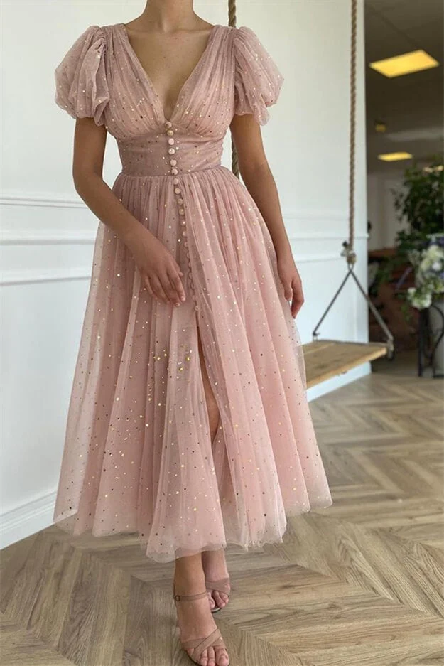Robe de bal élégante rose taupe à manches courtes et col en V, ornée de paillettes
