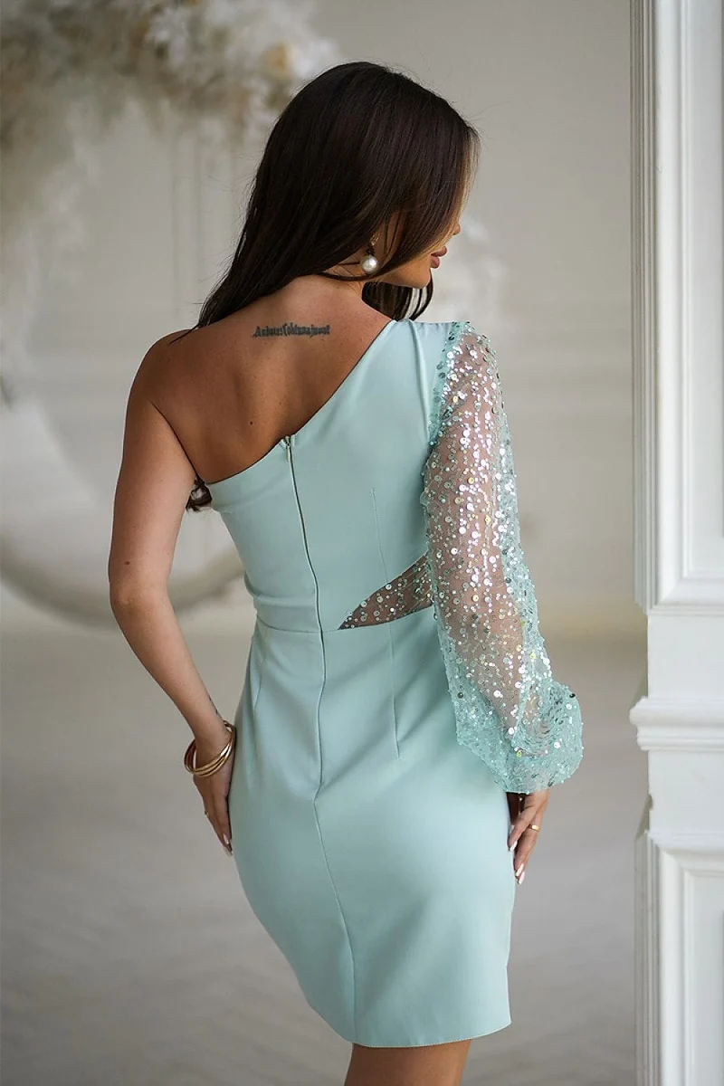Robe de soirée courte bleue une manche