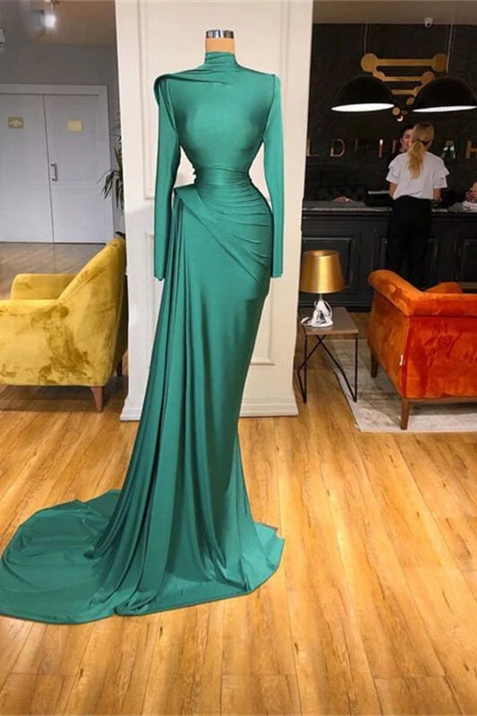 Robe de bal sirène élégante à col haut, manches longues et volants