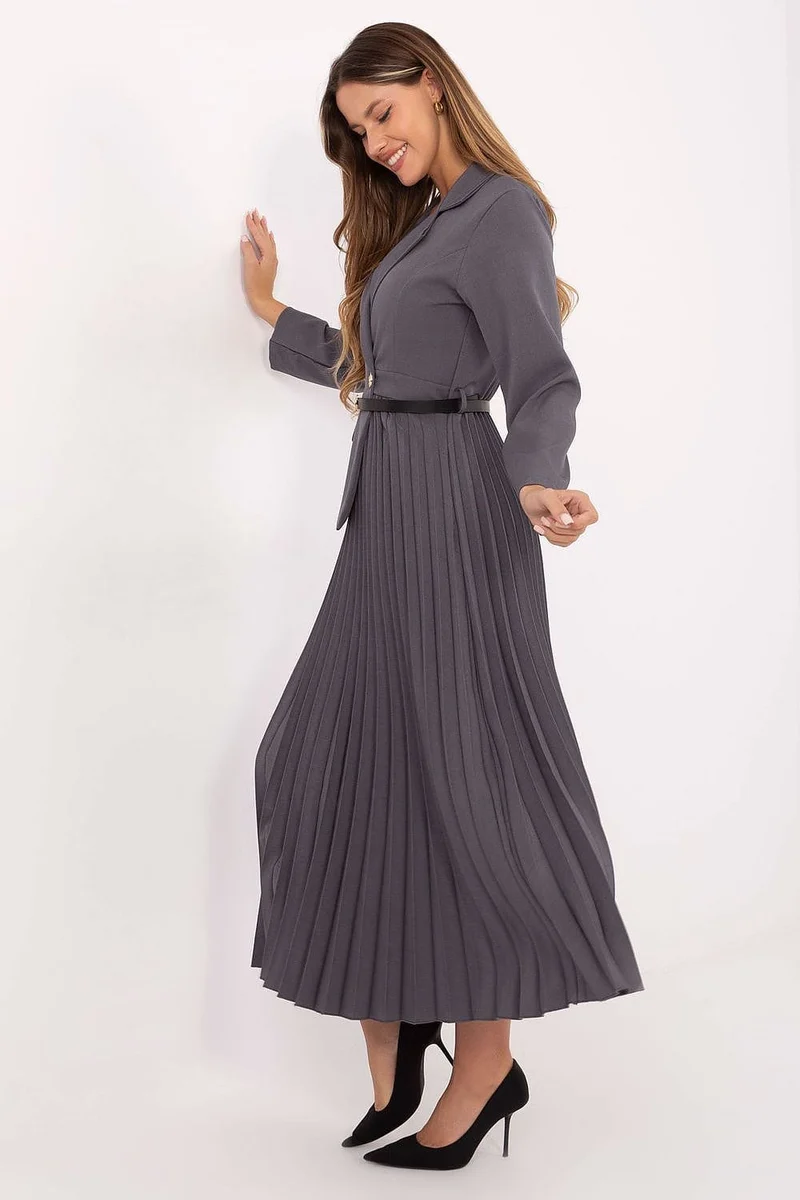 Robe midi plissée grise manches longues