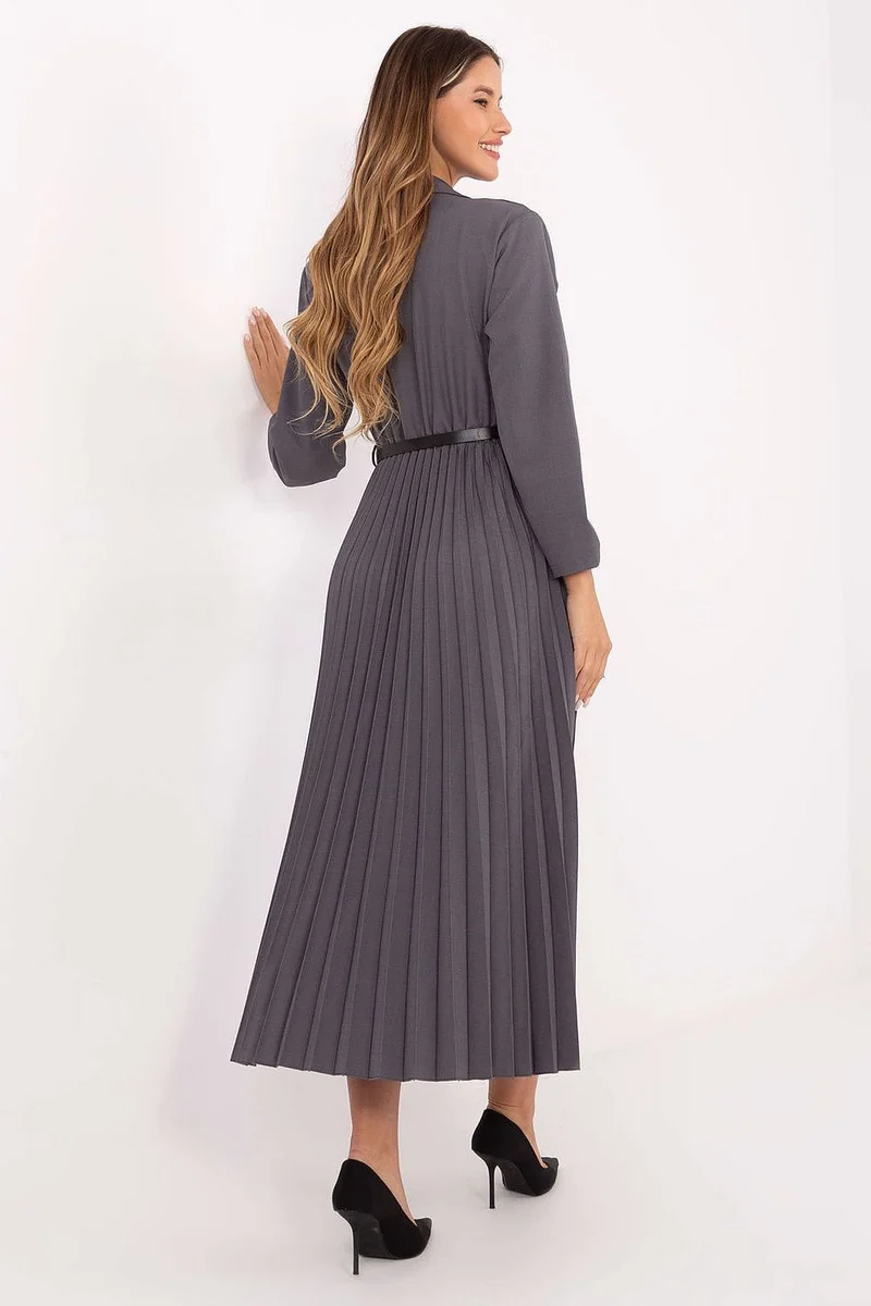 Robe midi plissée grise manches longues