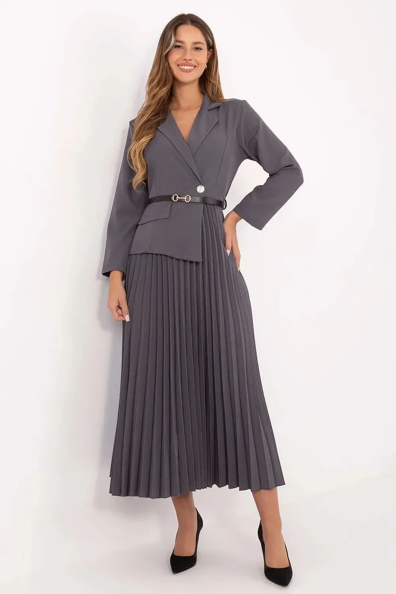 Robe midi plissée grise manches longues