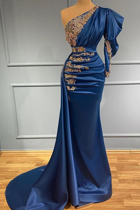 Robe de bal sirène élégante bleu roi à une épaule et perles pour occasions spéciales