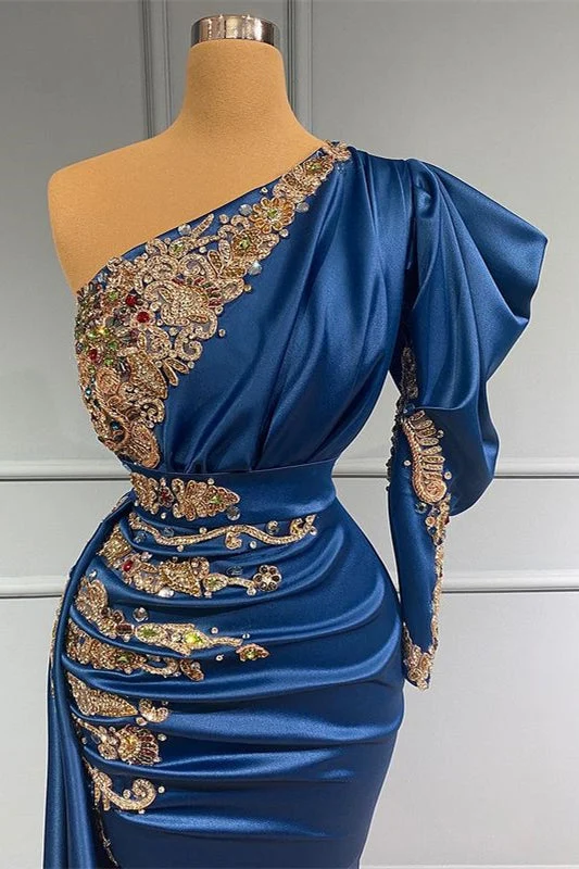 Robe de bal sirène élégante bleu roi à une épaule et perles pour occasions spéciales