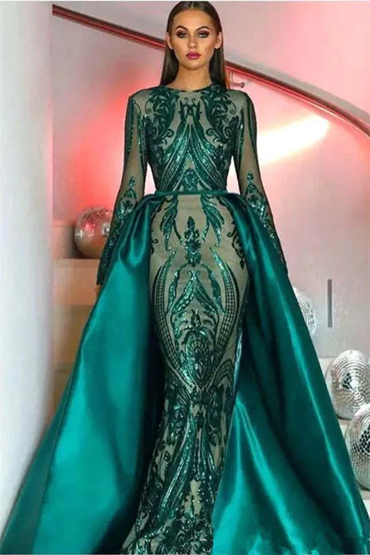 Robe de bal sirène à manches longues et sequins vert émeraude avec jupe amovible
