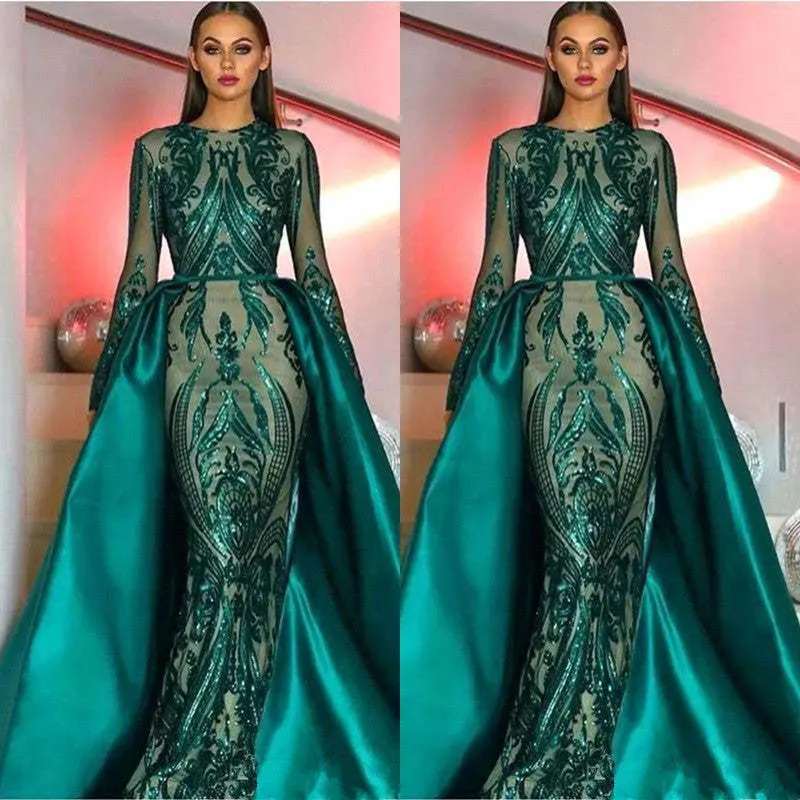 Robe de bal sirène à manches longues et sequins vert émeraude avec jupe amovible