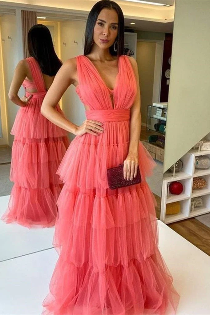 Robe de bal sans manches en tulle pastèque : élégante encolure en V, jupe à volants, idéale pour les fêtes