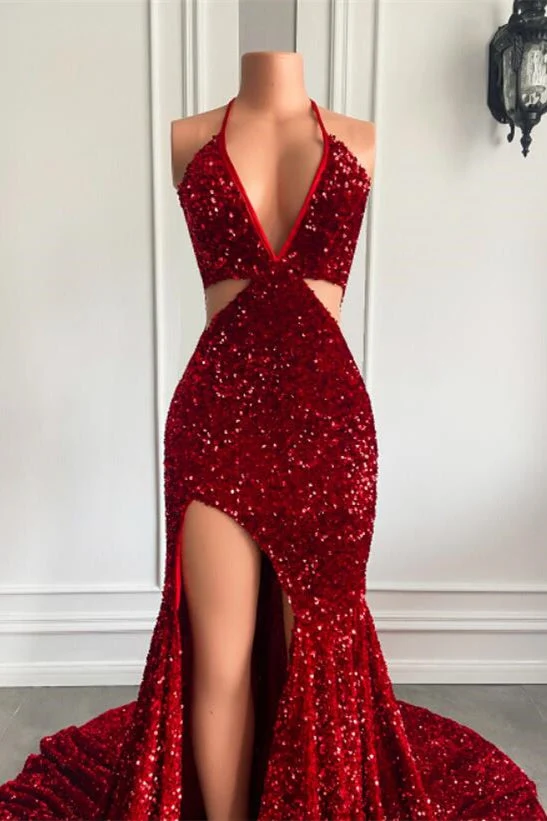 Superbe robe de bal sirène rouge vin à sequins et décolleté en V avec fente pour les occasions spéciales