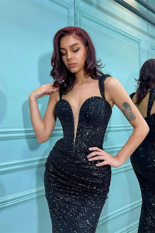 Robe de bal sirène noire élégante à sequins, bretelles spaghetti et décolleté en V profond