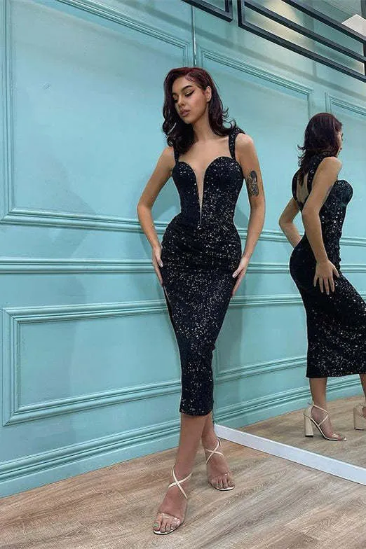 Robe de bal sirène noire élégante à sequins, bretelles spaghetti et décolleté en V profond