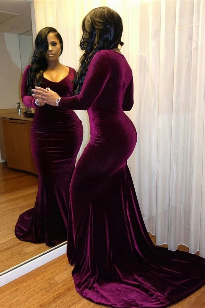 Robe de soirée sirène violette élégante à manches longues avec tissu en velours luxueux