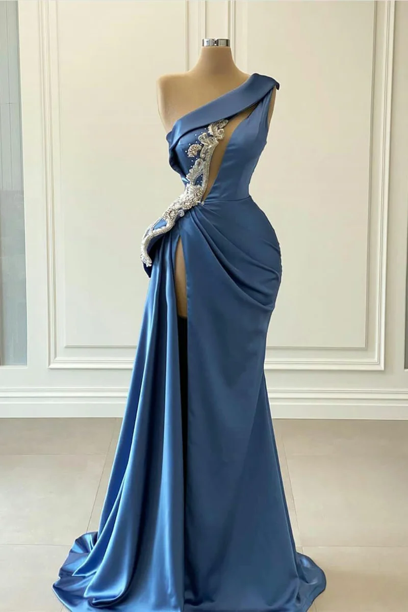Robe de bal sirène bleue élégante à une épaule avec perles pour occasions spéciales
