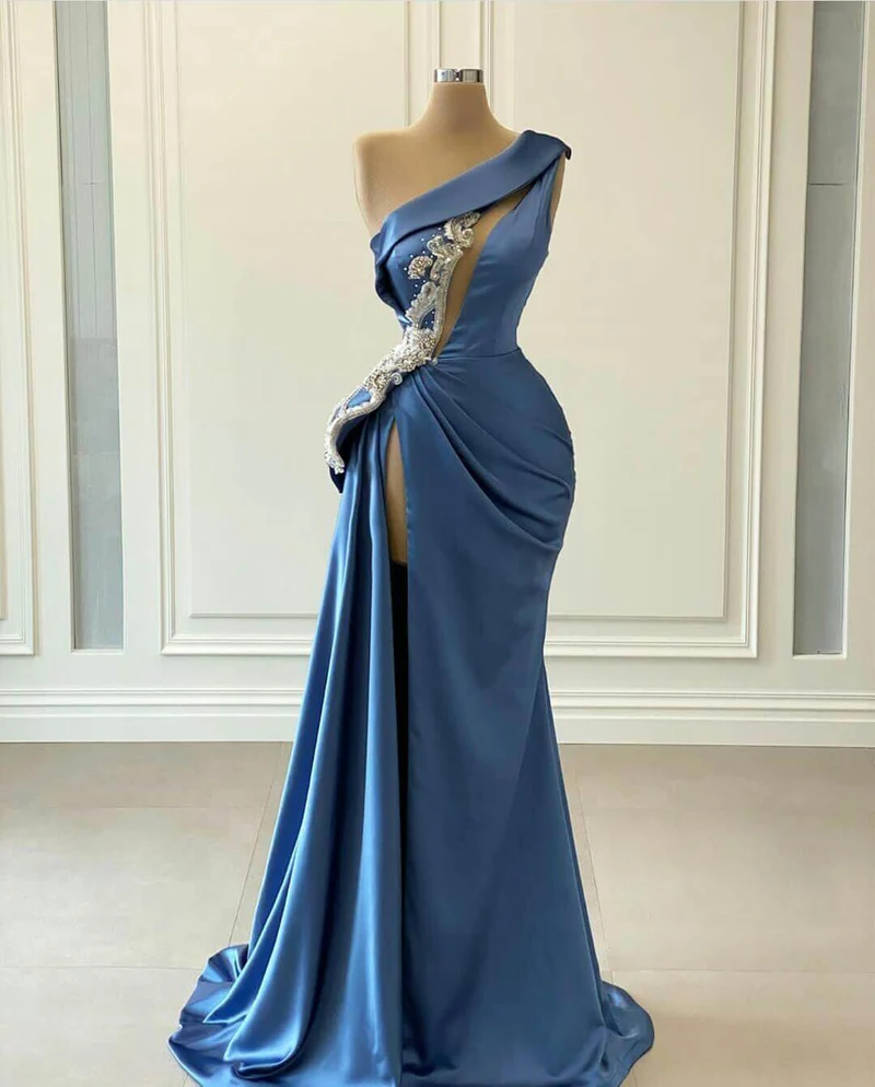 Robe de bal sirène bleue élégante à une épaule avec perles pour occasions spéciales