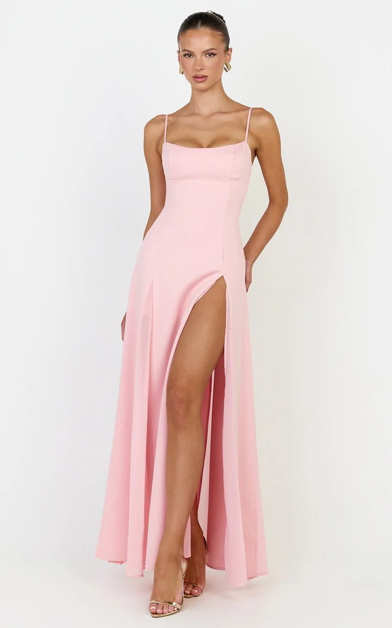 Juliette Maxi Dress - Sweetheart Neckline Georgette Godet Dress in Pink