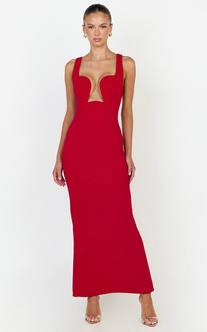 Jolie Midi Dress - Sleeveless Cut Out Fitted Dress in Red