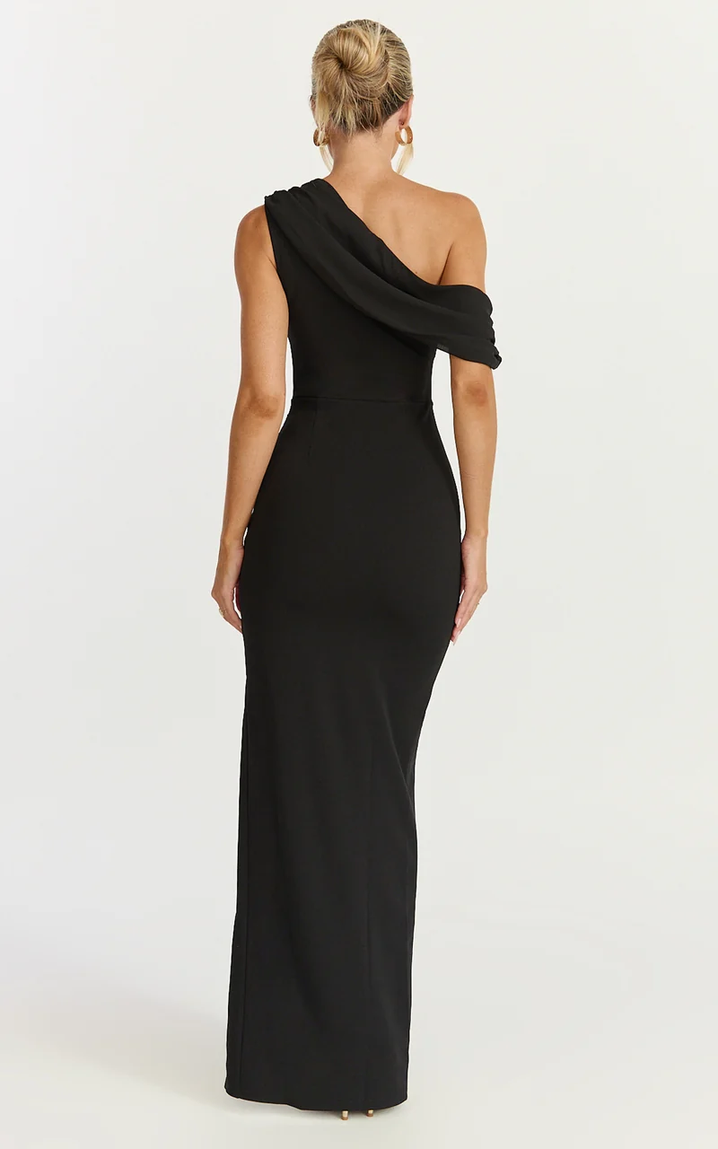 Helen Maxi Dress - One Shoulder Draped Fitted Dress in Black