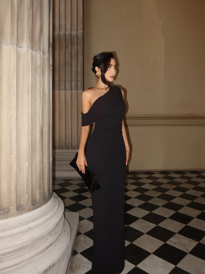 Helen Maxi Dress - One Shoulder Draped Fitted Dress in Black